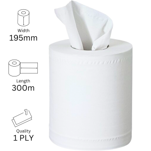 Centre Pull Rolls 1 Ply WHITE 195mm x 300m X 6