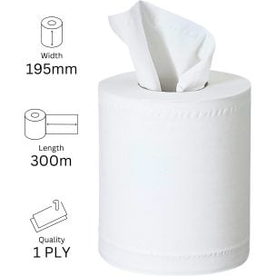 Centre Pull Rolls 1 Ply WHITE  195mm x 300m X 6