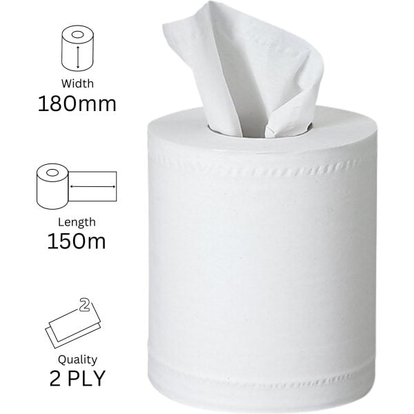 Centre Pull Rolls 2 Ply WHITE  150mx180mm X 6