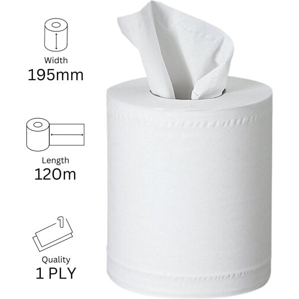 Centre Pull Rolls Mini 1 Ply WHITE 195mm x 120m X 12 (0110)