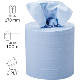 Centre Pull Rolls 2 Ply BLUE  Omega 170mm x 100m X 6