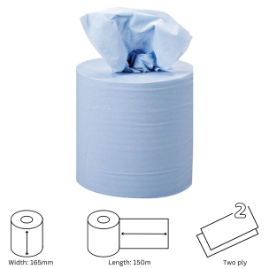 Inactive Centre Pull Rolls 2 Ply BLUE Standard 165mm x 150m X 6