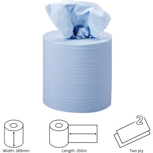 Inactive Centre Pull Rolls 2 Ply BLUE Standard 165mm x 150m X 6